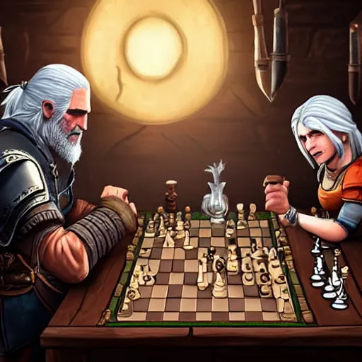 Image similar to Geralt of Rivia and Ciri playing chess in a tavern. geralt de rivia and ciri play at a table in the middle of the tavern, pixel art by Gerardo Quiroz, devian art, 4k