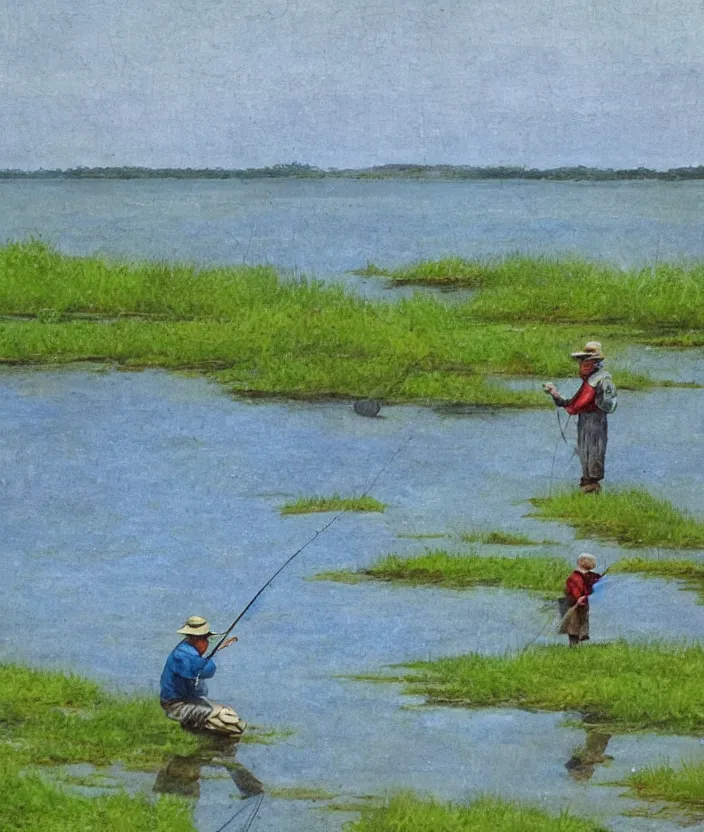 Prompt: a little fisherman in a fantastic colored bucolic field setting by fujita goro