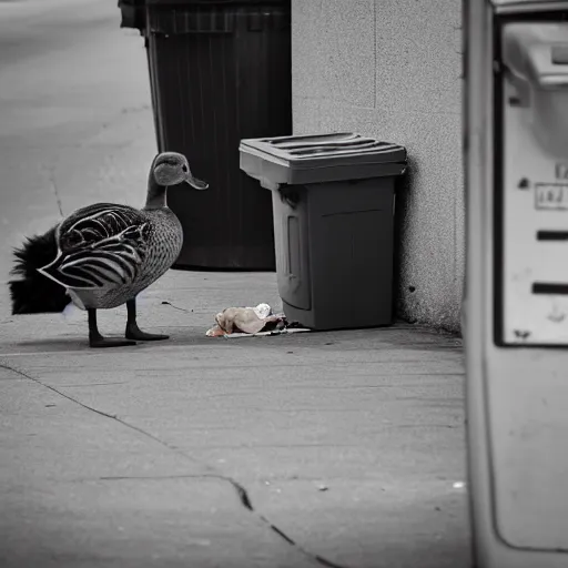 Image similar to A duck staring at a homeless person living in a trashcan, cinematic, professional photography