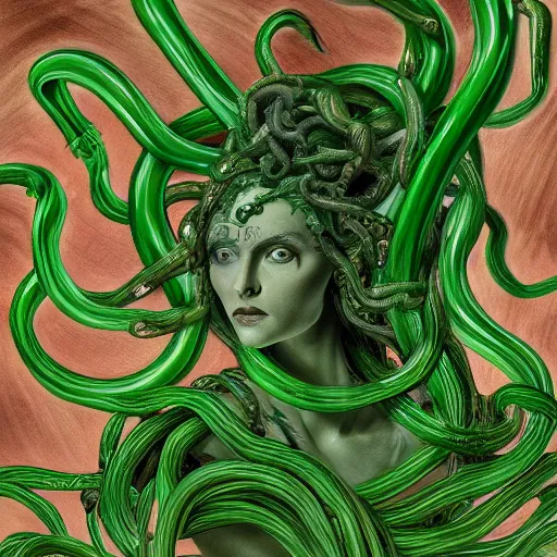 Image similar to medusa with flowing green snakes. close up of full head. painterly. digital art. elegant. scary. highly detailed. 4 k