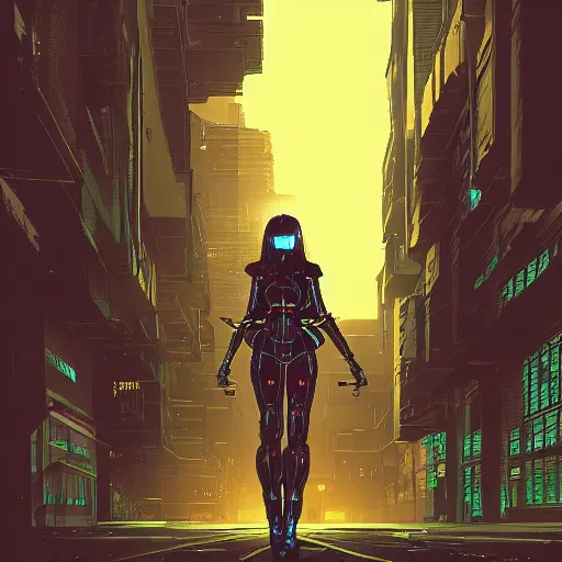 Image similar to cybertronic warrior princess with black armor walking through the streets of a dystopion city by night, cyberpunk, moebius, Jean Giraud, landscape, epic, artstation, dusk