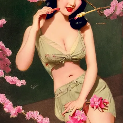 Image similar to pin - up portrait of a beautiful young asian woman, pretty long hair, intense flirting, showing curves, symmetrical face, digital art, smooth, extremely detailed, model pose, intense look, dream, cherry blossoms, gorgeous young model, traditional beauty, perfect proportions, pretty, by wu bayard, by gil elvgren, by ralph horsley,