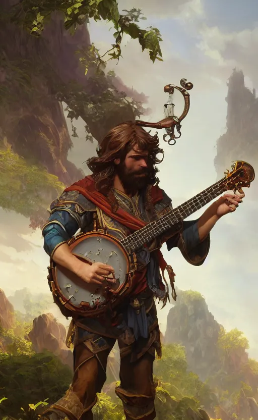 Image similar to male bard, playing the banjo, ruins landscape, d & d, fantasy, intricate, highly detailed, digital painting, artstation, octane render, concept art, matte, sharp focus, illustration, hearthstone, art by artgerm and greg rutkowski and alphonse mucha