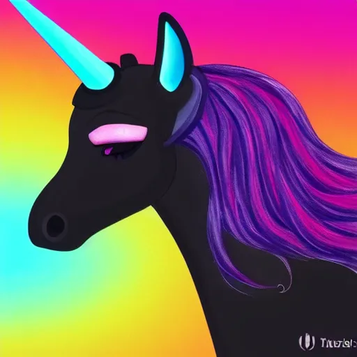 Prompt: digital illustion of a black unicorn with rainbow aura, deviantArt, artstation, artstation hq, hd, 4k resolution