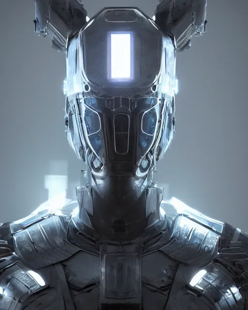 Image similar to a close up portrait of the sentinel wearing mechanical sci fi armor made of realistic metal, cinematic lighting, smooth, high detail, glowing eyes, realistic led tube lights, unreal engine, octane render, by vitaly bulgarov artstation, golden rule, by michael hussar, vray, fog volumes, vivid color glow, cgsociety
