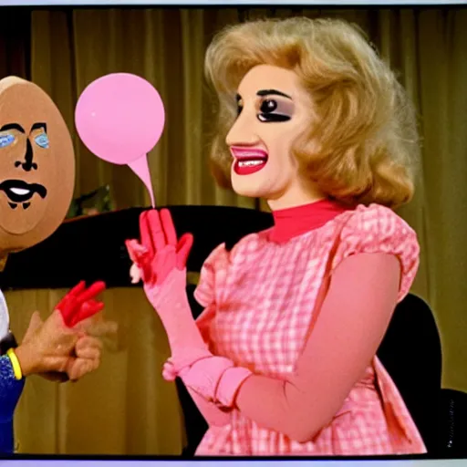 Prompt: 1983 happy woman on tv showwith a long prosthetic snout nose, big nostrils, wearing a dress in a cafe 1983 color archival footage color film 16mm Fellini Almodovar John Waters Russ Meyer with hand puppet