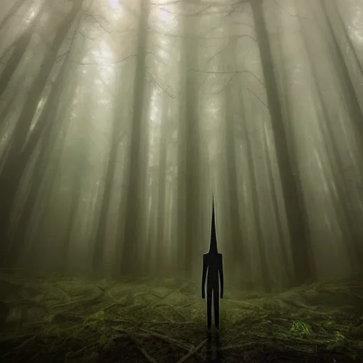 Image similar to a long shot of a ominous alien being standing in a forest, detailed, mythical, mist, depressing, tired, dark, lush, nature, mist, mystery, glows, somber, dismal, fog, heavy fog, dark lighting, rim light, glow, ambient light,