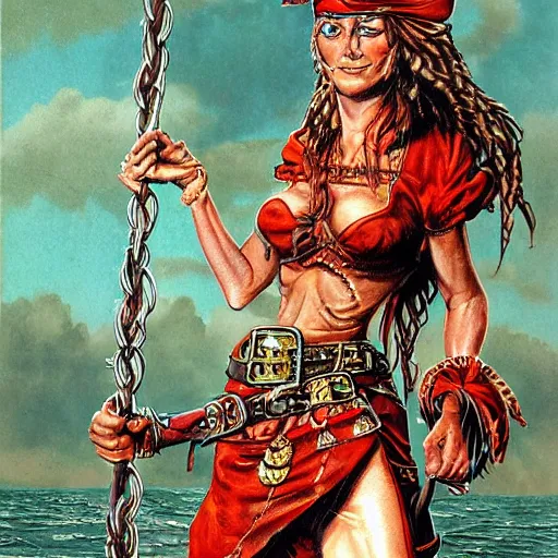 Image similar to full body concept art of a female pirate by Patrick Woodroffe