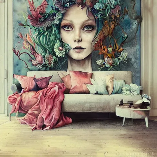 Prompt: watercolor living room by anna dittmann, by marco mazzoni