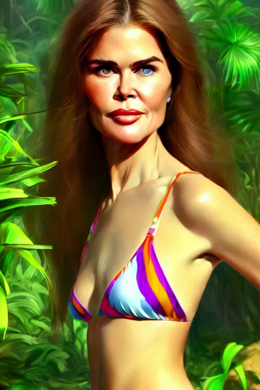 Image similar to mix of beautiful young maria shriver, mariel hemmingway, brooke shields, nicole kidman and elle macpherson as a young jungle girl swimming in a rockpool, thin lips, hair tied up in a pony tail, dark blonde hair, colorful, artstation, cgsociety