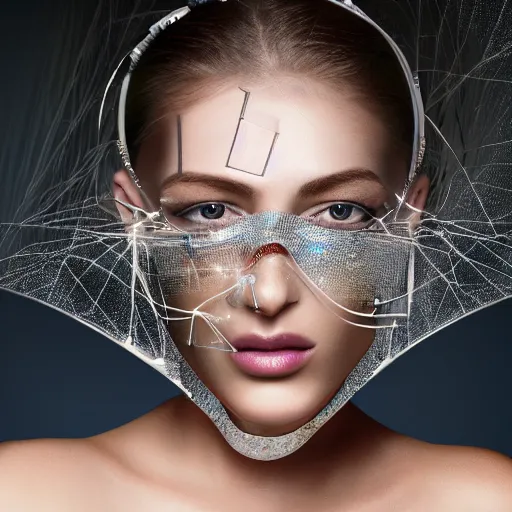 Image similar to portrait of a beautiful futuristic woman layered with high-tech jewelry wrapping around her face and head, 2067