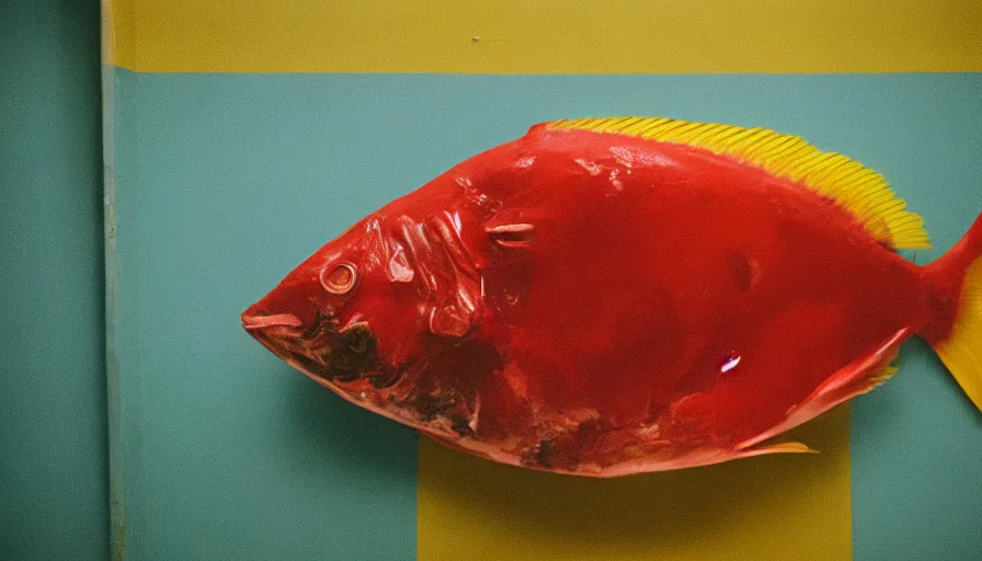 Image similar to 5 0 s movie still of a bloody fish in a hospital with yellow wall, cinestill 8 0 0 t 3 5 mm technicolor, heavy grain, high quality, high detail