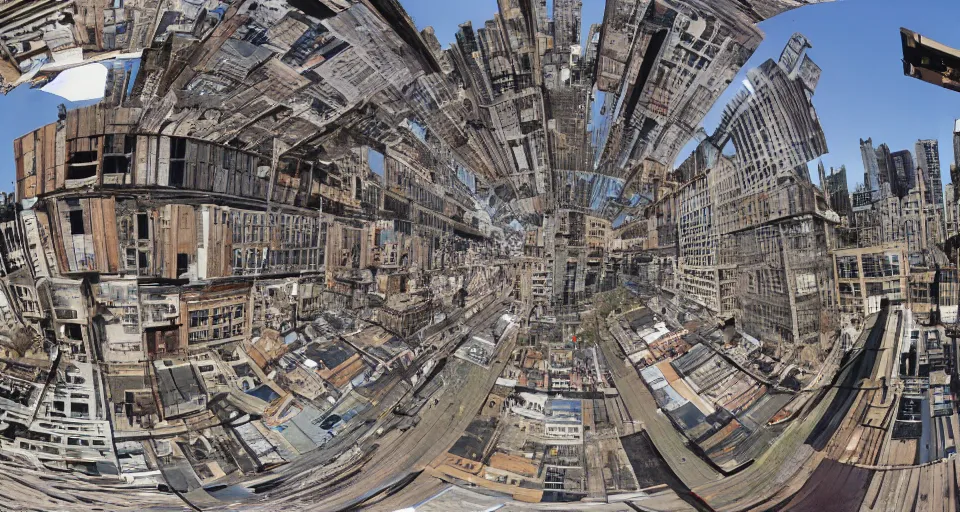 Image similar to City of cardboard viewed from the streets, fisheye photo