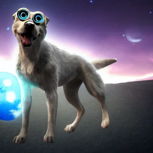 Image similar to a realistic blue dog superhero with glowing eyes, abandoned planet background,dog floating in air