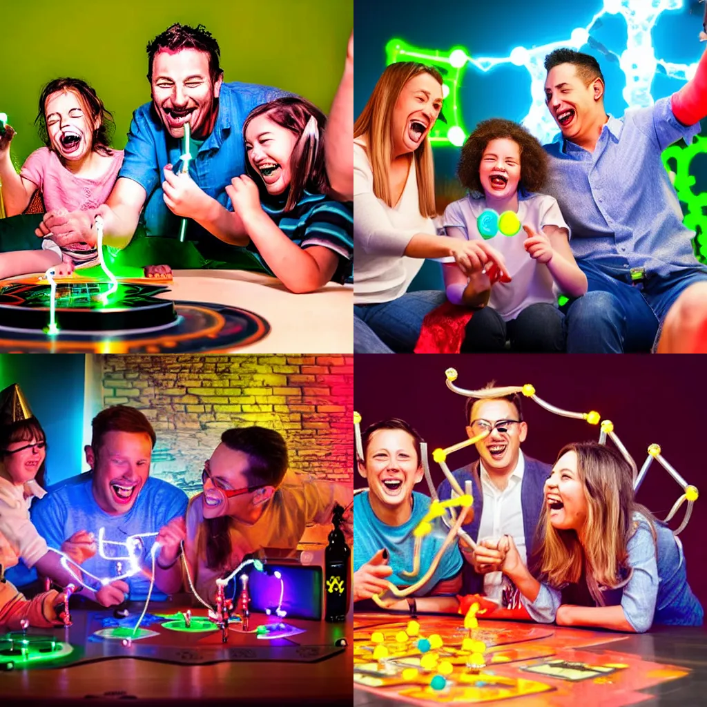 Prompt: a family laughing and joking as they play a radioactive boardgame with tesla coils, party atmosphere, advertising photo