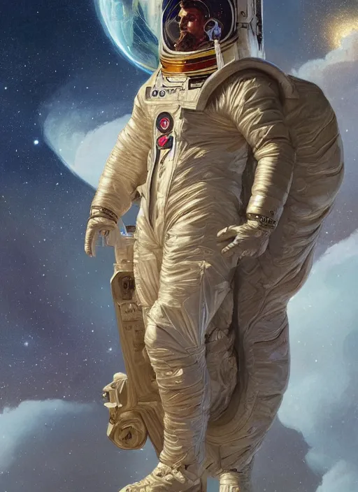 Prompt: portrait of zeus as an astronaut, full length, intricate, elegant, highly detailed, digital painting, artstation, concept art, smooth, sharp focus, illustration, art by artgerm and greg rutkowski and alphonse mucha