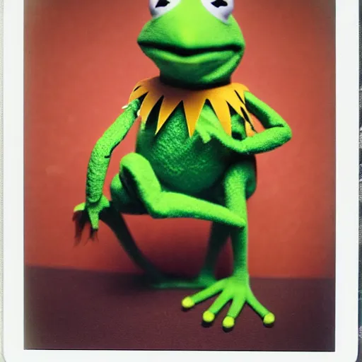 Prompt: Kermit the frog holding a banana, polaroid photo, instax, white frame, by Warhol,