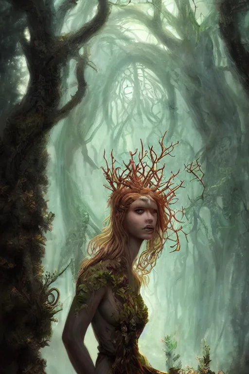 Prompt: portrait of a dryad, fantasy painting, dryad priestess inspired by brian froud, inspired by dungeons and dragons, mysterious, in an evening autumn forest, trending on art station, sunset evening lighting, ominous shadows by jessica rossier