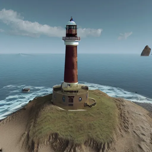 Prompt: screenshot of a lighthouse in a coastal landscape in the game Disco Elysium