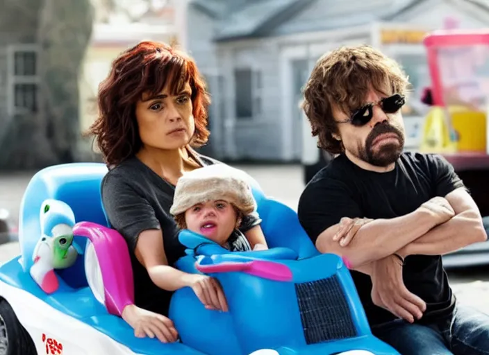 Image similar to peter dinklage and salma hayek driving a little tikes cozy coupe, movie still, from the new fast and furious, 8 k, realistic