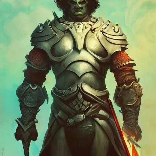 Prompt: male half orc, heavy armor, Holding big Sword, Channeling light and dark energy , kellemvor, fantasy, concept art, Tom bagshaw, sam spratt, Gustav Klimt, intricate, bright colors, 4k, art nouveau