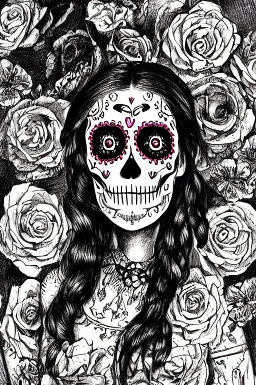 Prompt: illustration of a sugar skull day of the dead girl, art by rembrant