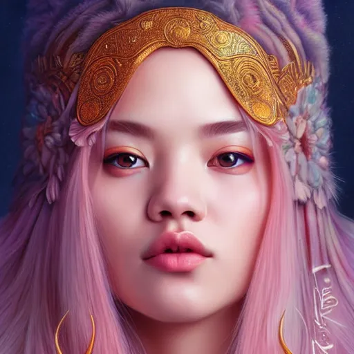 Image similar to portrait of jossi of blackpink, goddess of the moon, highly detailed, digital painting, smooth, sharp focus, illustration, ultra realistic, 8 k, art by artgerm and alphonse mucha