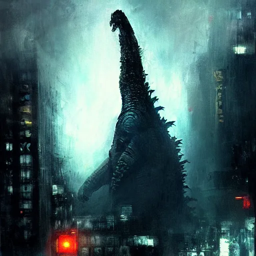 Prompt: godzilla by jeremy mann, dark cyberpunk style