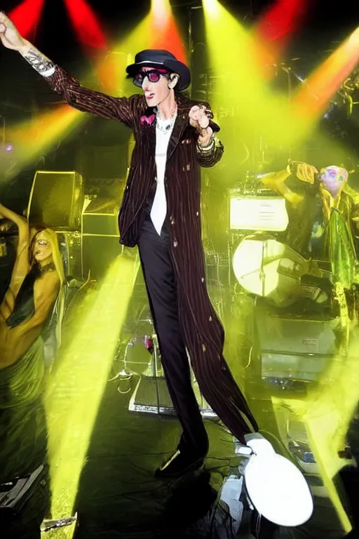 Image similar to perry farrell singing live on stag with jane's addiction, wearing a yellow fedora hat, white flared trousers and long tailcoat with large collars, 7 0's pimp style, huge angel wings behind him, photographic quality, live concert photo, photorealistic, stage lighting, lasers, neon glow, dry ice, dave navarro on guitar