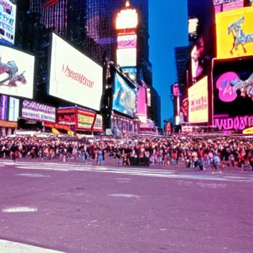 Image similar to a vivid photo of a unicorn galloping through times square in the 8 0 s