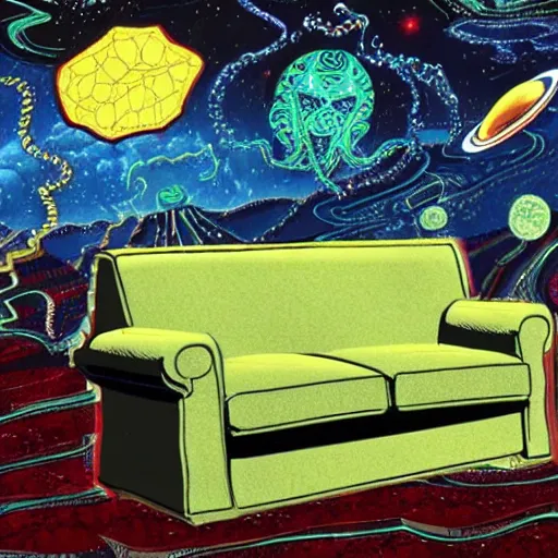 Image similar to couch sofa chesterfield flying through space psychedelic trippy eldritch horror cartoon