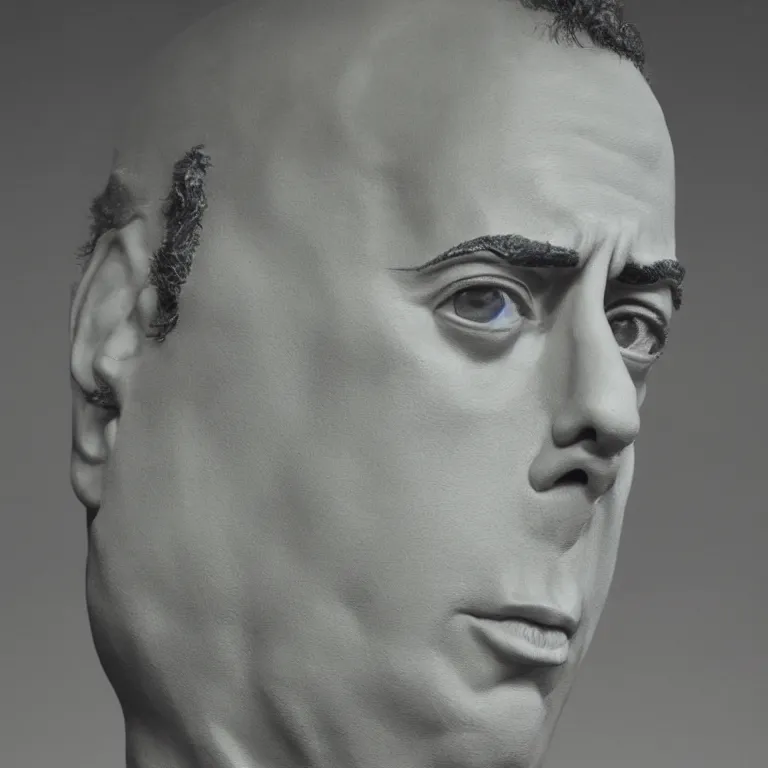 Image similar to beautiful studio photograph of colorful postmodern portrait sculpture of jerry seinfeld shocked expression, beautiful symmetrical face accurate face detailed face realistic proportions, made of spray - painted polymer clay on a pedestal by ron mueck and matthew barney and greg rutkowski, hysterical realism intense cinematic lighting shocking detail 8 k