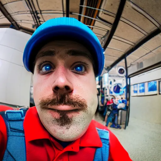 Prompt: a man dressed like a plumber with a red hat fish eye lens image