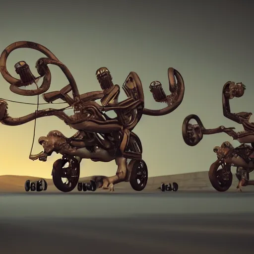 Image similar to mechanical greek hydra with cars as heads, cinematic, diffuse light, rendered in povray