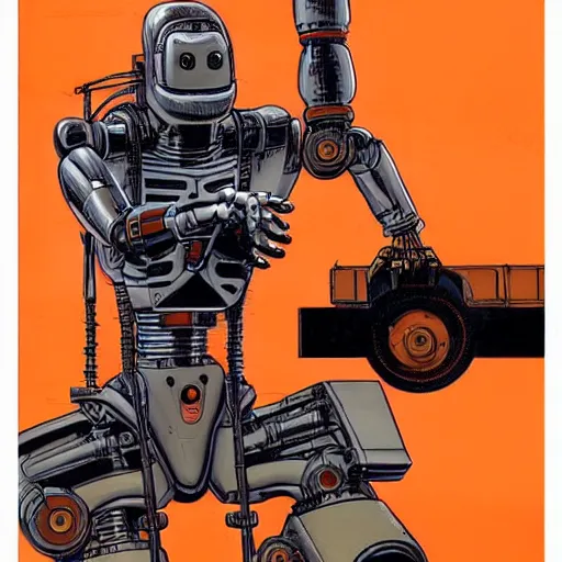 Image similar to mechanic with robot legs. orange and black color scheme. concept art by james gurney and mœbius.