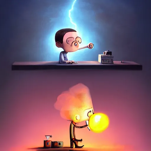 Prompt: Sheldon cooper failed experiment Funny cartoonish, sheldon cooper mad scientist cartoonish, lightnings and smoke, by Gediminas Pranckevicius H 704