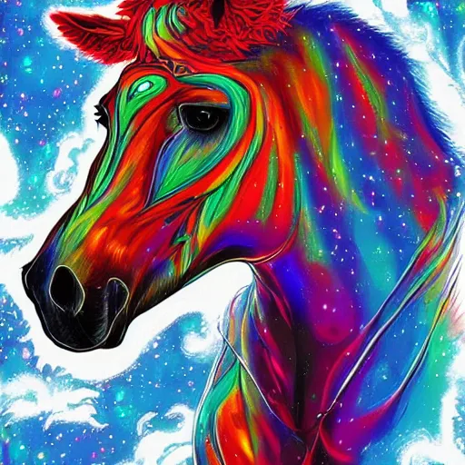 Prompt: psychedelic portrait of a horse in space, concept art, highly detailed