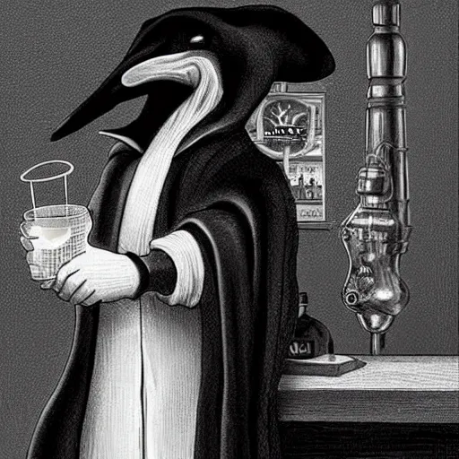 Image similar to plague doctor sitting at a bar with his drink empty, award winning photograph