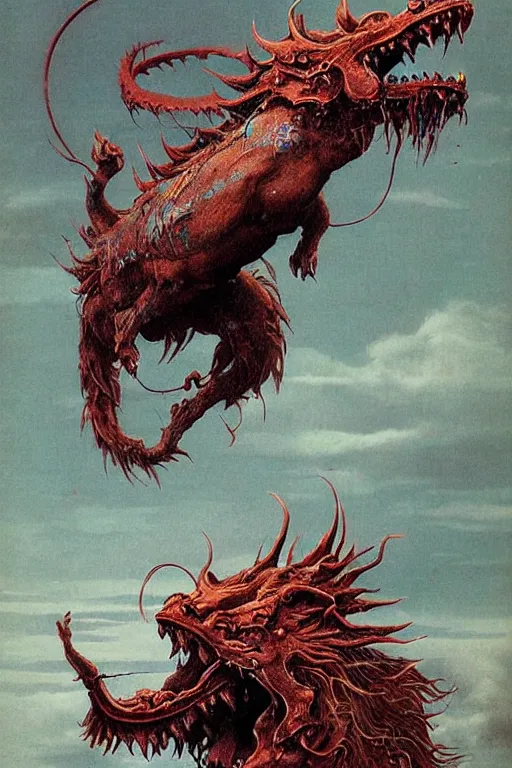 Image similar to oimmortal beast from chinese mythology, chinese dragon slayer concept art, beksinski