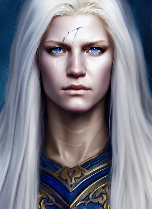 Image similar to a _ fantasy _ style _ portrait _ painting _ of white female paladin with blonde hair and blue eyes, scar under left eye, holy oil _ painting _ unreal _ 5 _ daz. _ rpg _ portrait _ extremely _ detailed _ artgerm _ greg _ rutkowski _ greg