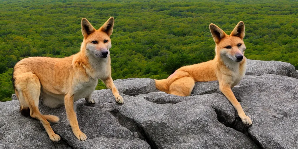 Prompt: a dingo posing at the top of mt. champlain in maine