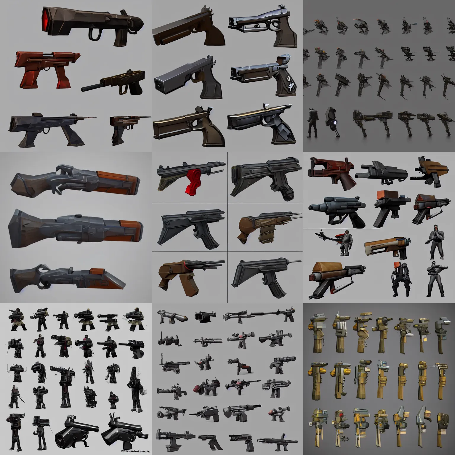 Prompt: 3d low poly model set of fallout guns, toon shading, trending on artstation