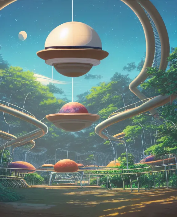 Image similar to simplicity, an amusement park made out of alien creatures, biological, in the style of a round spaceship, surrounded by auras, by dan mumford, yusuke murata, makoto shinkai, ross tran, cinematic, unreal engine, cel shaded, featured on artstation, pixiv