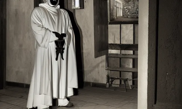 Image similar to cultist in robe with mask and gloves, satanic church interior, ceremonial, realistic photo, cctv footage, horror lighting, dim lighting