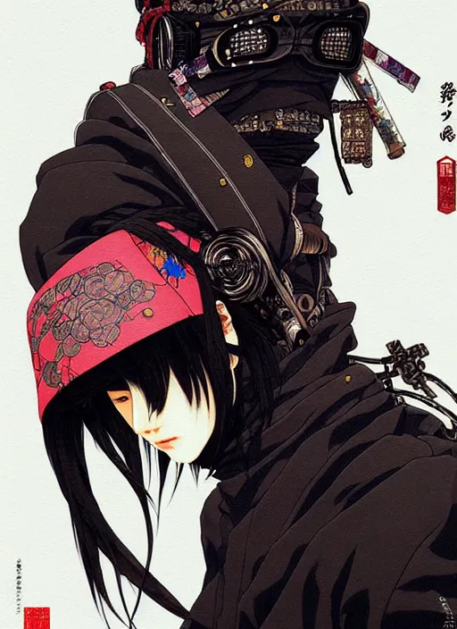 Image similar to a beautiful ukiyo painting of cyberpunk ninja, wearing cyberpunk streetwear, detailed close up portrait, concept art, by takato yamamoto, wlop, krenz cushart. cinematic dramatic atmosphere, sharp focus