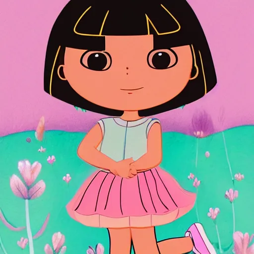 Prompt: dora the explorer as real girl in happy pose, detailed, intricate complex background, Pop Surrealism lowbrow art style, muted pastel colors, soft lighting, 50's looks by Kanjana Khumcruth (Gan)