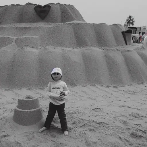 Image similar to kid standing on top of a huge sandcastle