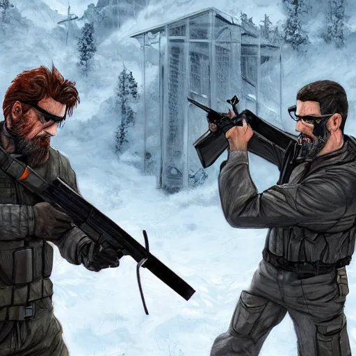 Image similar to Solid Snake and Gordon Freeman fight on an abandoned military base, winter, very detailed, hyper realism, epic, close-up fight, digital art, concept art, illustration, artstation, cgi, 4k