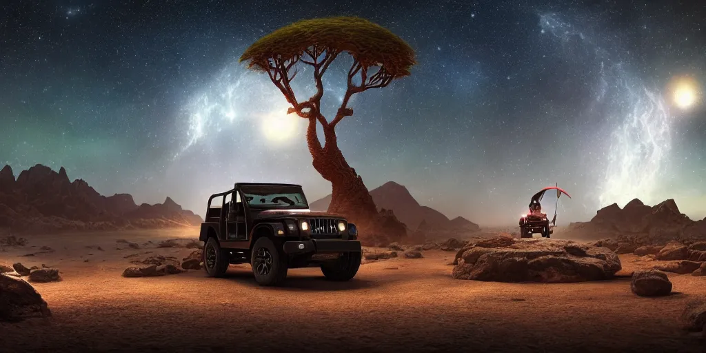 Image similar to mahindra thar at moonlit socotra island with dragon trees, starry night, sharp focus, wide shot, trending on ArtStation, masterpiece, by Greg Rutkowski, by Ross Tran, by Fenghua Zhong, octane, soft render, ultrarealistic, colorful, cinematic, shadow of the tomb rider