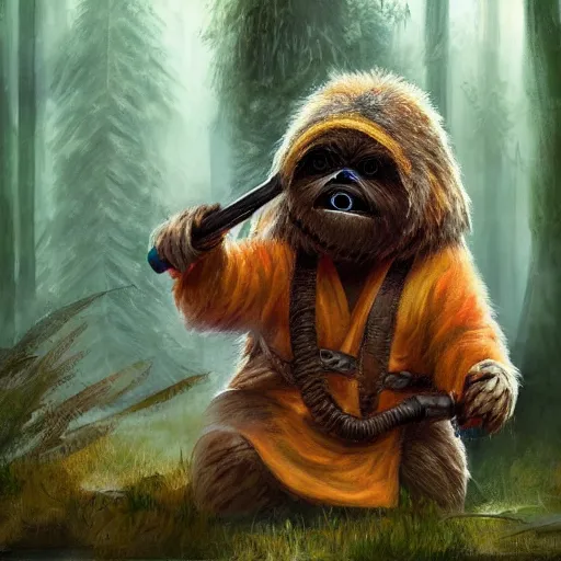 Prompt: a hard working ewok cleaning the forest floor with a vacuum, artstation, colorful